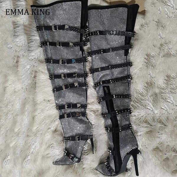 2020 rhinestone studded over knee boots women buckle wrap design high heel thigh high boots pointed toe stilettos, Black
2020 rhinestone studded over knee boots women buckle wrap design high heel thigh high boots pointed toe stilettos, Black