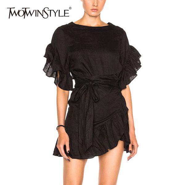 twotwinstyle ruffles dress for women petal sleeve high waist lace up irregular mini dresses female fashion korean clothing 2020 c200919, Black;pink
twotwinstyle ruffles dress for women petal sleeve high waist lace up irregular mini dresses female fashion korean clothing 2020 c200919, Black;pink