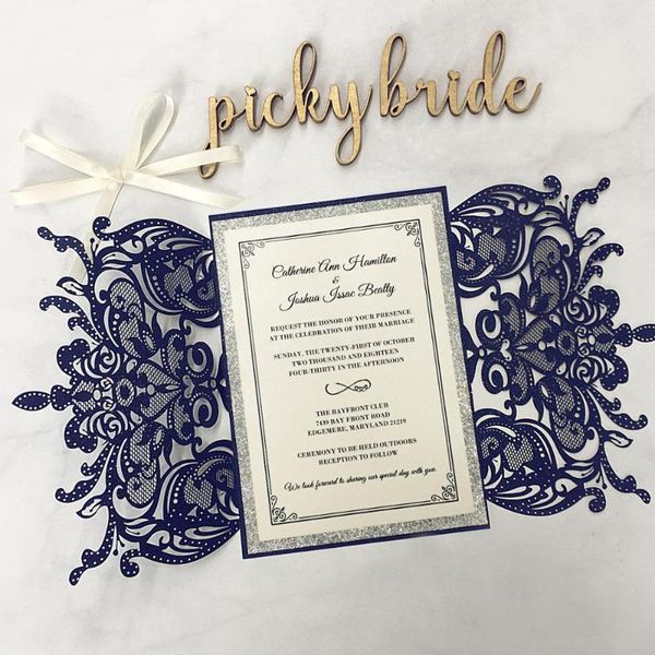 greeting cards luxurious navy blue wedding invitations with ribbon bow, silver glitter suite, elegant laser cut invite - set of 50pcs
greeting cards luxurious navy blue wedding invitations with ribbon bow, silver glitter suite, elegant laser cut invite - set of 50pcs
