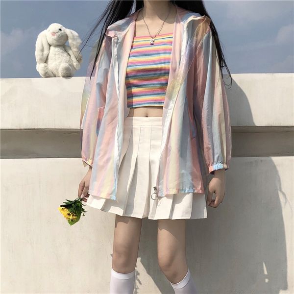 girls hologram hooded jacket sunscreen sunproof long sleeve chiffon jacket preppy lolita cute kawayi sweet rainbow color coat, Black;brown
girls hologram hooded jacket sunscreen sunproof long sleeve chiffon jacket preppy lolita cute kawayi sweet rainbow color coat, Black;brown