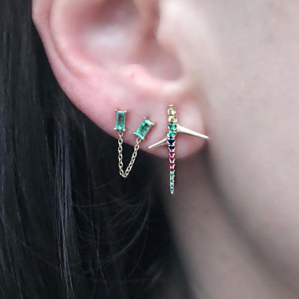 double 2 piercing stud baguette birthstone cz with tassel chain romantic fashion girl women earring, Golden;silver
double 2 piercing stud baguette birthstone cz with tassel chain romantic fashion girl women earring, Golden;silver