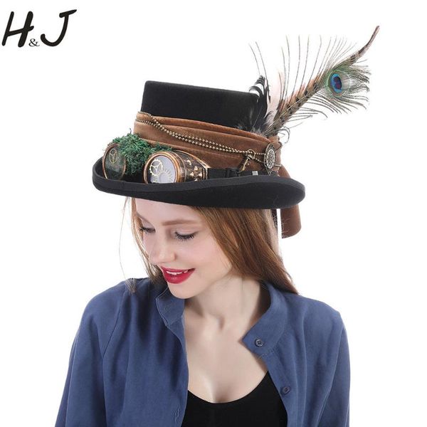 13.5cm wool black women men steampunk hat with handmade glasses gear feather fedora cosplay hat steampunk hat, Blue;gray 
13.5cm wool black women men steampunk hat with handmade glasses gear feather fedora cosplay hat steampunk hat, Blue;gray