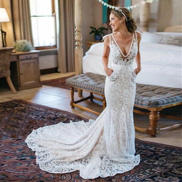 new bohemia backless lace pockets mermaid ivory wedding dress court train beach garden bridal gowns with pocket, White
new bohemia backless lace pockets mermaid ivory wedding dress court train beach garden bridal gowns with pocket, White