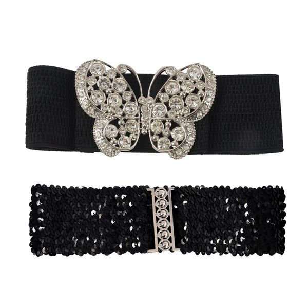 2 pcs women rhinestones accent butterfly hook buckle black elastic cinch waist belt - 56x7cm & 58x5cm, Black;brown
2 pcs women rhinestones accent butterfly hook buckle black elastic cinch waist belt - 56x7cm & 58x5cm, Black;brown
