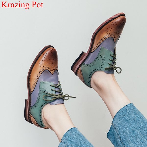 krazing pot cow leather carved thick low heels round toe vintage metal mixed colors women pump lace up neutral autumn shoes l85, Black
krazing pot cow leather carved thick low heels round toe vintage metal mixed colors women pump lace up neutral autumn shoes l85, Black