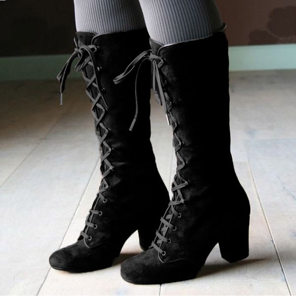 women new gothic vintage style boots round toe block heel high heels boots women lace up mid calf, Black
women new gothic vintage style boots round toe block heel high heels boots women lace up mid calf, Black