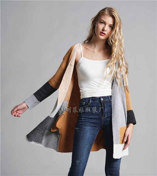 designer womens sweaters panelled long sleeve loose cardigan women clothes ol commuter check loose female sweaters, White;black
designer womens sweaters panelled long sleeve loose cardigan women clothes ol commuter check loose female sweaters, White;black