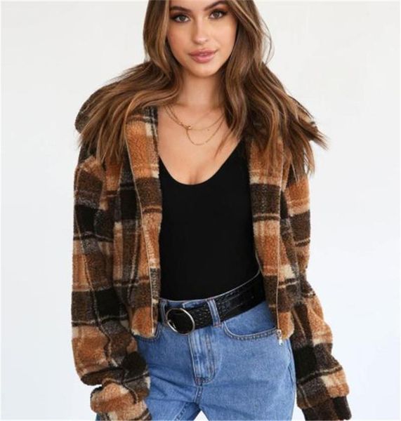 fashion autumn and winter casual jackets vintage plaid print imitated lamb bomber jacket hat detachable coats womens, Black;brown 
fashion autumn and winter casual jackets vintage plaid print imitated lamb bomber jacket hat detachable coats womens, Black;brown