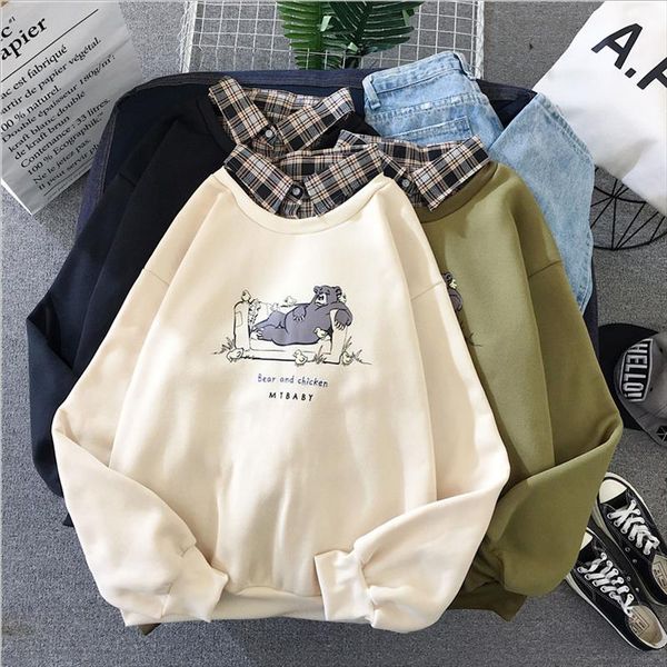 korean women spring harajuku hoodies casual loose cartoon bear print patchwork fake two pieces sweatshirt female cute fleece top, Black
korean women spring harajuku hoodies casual loose cartoon bear print patchwork fake two pieces sweatshirt female cute fleece top, Black