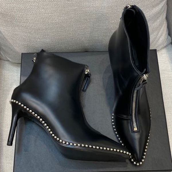 new luxury solid string bead boots brand design point toe leather women shoes fashion zip ankle high heels female boots, Black
new luxury solid string bead boots brand design point toe leather women shoes fashion zip ankle high heels female boots, Black