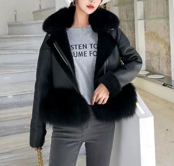 women's winter sheep shearing fur lining female natural real fur collar short slim genuine leather jackets, Black 
women's winter sheep shearing fur lining female natural real fur collar short slim genuine leather jackets, Black
