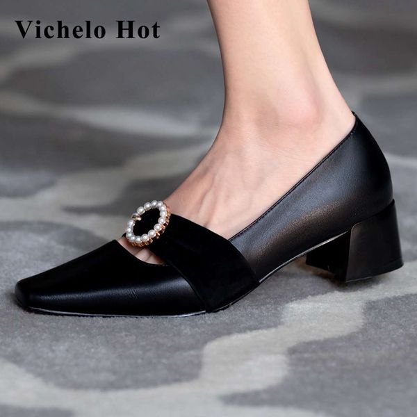 vichelo 2020 new fashion natural leather square toe med heel pearl metal decoration elegant lady streetwear women pumps l21, Black
vichelo 2020 new fashion natural leather square toe med heel pearl metal decoration elegant lady streetwear women pumps l21, Black