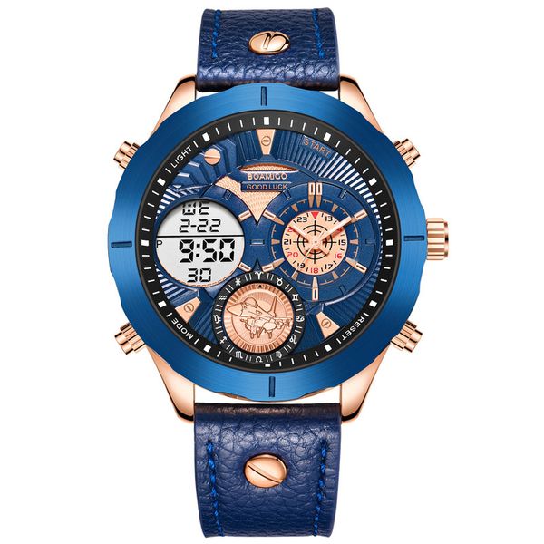 boamigo men sports watch leather strap digital quartz clock waterproof watch relogio masculino, Slivery;brown