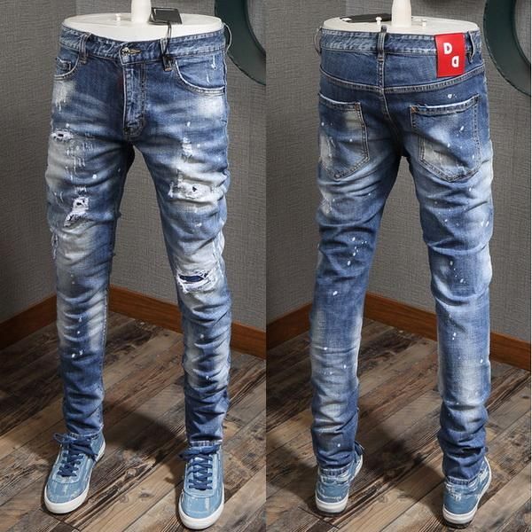 new cowboy trousers man paint distressed whisker-washed slim fit red patch zip fly jeans for men's, Blue
new cowboy trousers man paint distressed whisker-washed slim fit red patch zip fly jeans for men's, Blue