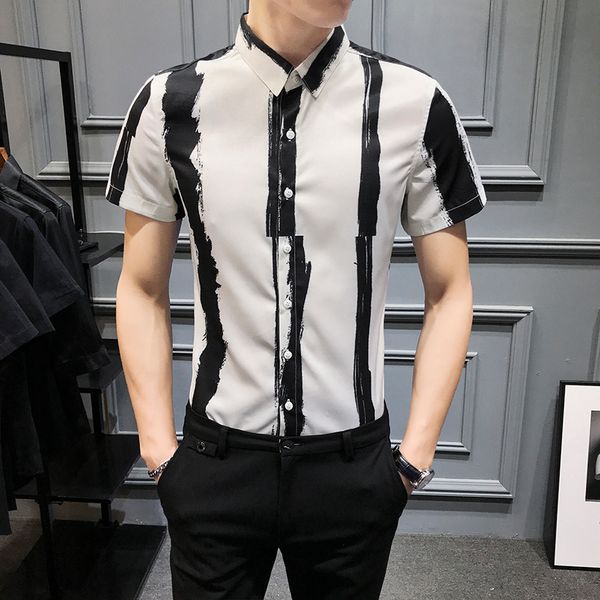 men's casual shirts streetwear social camisa masculina 2021 summer shirt british style striped slim fit dress, White;black
men's casual shirts streetwear social camisa masculina 2021 summer shirt british style striped slim fit dress, White;black