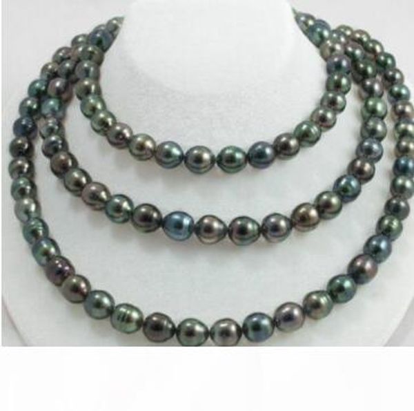 gt; n1572 12-13mm natural tahitian black green pearl necklace 48inch, Silver