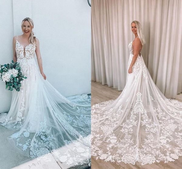 backless lace boho wedding dresses a line plus siz spaghetti straps brides gowns long tail robes de mariée, White
backless lace boho wedding dresses a line plus siz spaghetti straps brides gowns long tail robes de mariée, White