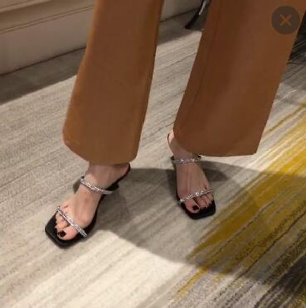 2020 summer new korean fashion fairy style stiletto rhinestone square toe sandals, Black