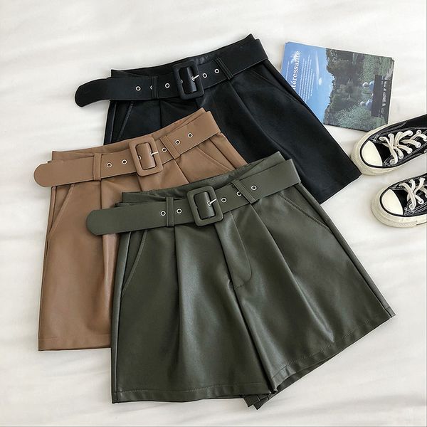 women's shorts black army green autumn 2021 color pu leather high waist with belt wide leg faux winter loose, White;black
women's shorts black army green autumn 2021 color pu leather high waist with belt wide leg faux winter loose, White;black