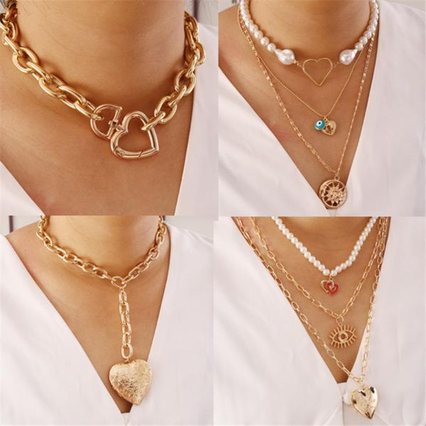 heart pearl evil eye teradrop multi layered necklace for women bohemian geometric chain pendant necklace collar jewelry new, Golden;silver 
heart pearl evil eye teradrop multi layered necklace for women bohemian geometric chain pendant necklace collar jewelry new, Golden;silver