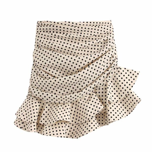 

2020 new women summer vanilla polka dot High-waisted mini skirt Ruching detail Ruffled hem Back hidden in-seam zip closure skirt