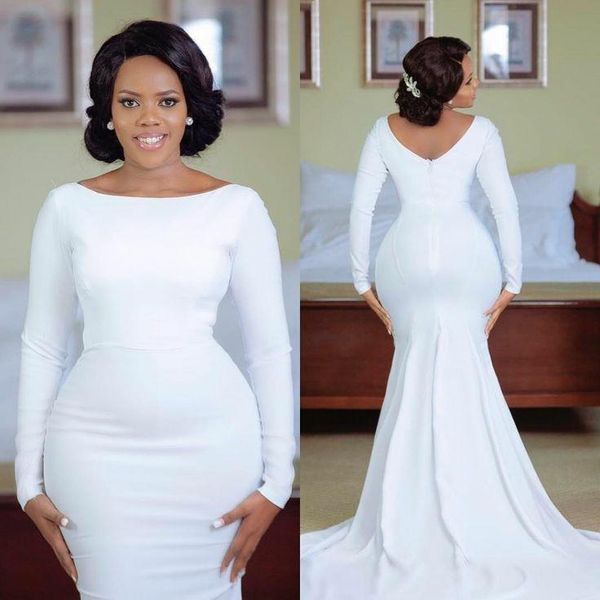 2021 mermaid wedding dresses simple long sleeves plus size scoop neck sweep train chapel wedding bridal gown vestido de novia, White
2021 mermaid wedding dresses simple long sleeves plus size scoop neck sweep train chapel wedding bridal gown vestido de novia, White