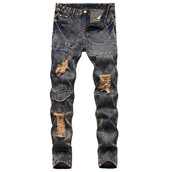 men's jeans vintage denim men patchwork hole straight washed full length europe stryle retro trousers, Blue
men's jeans vintage denim men patchwork hole straight washed full length europe stryle retro trousers, Blue