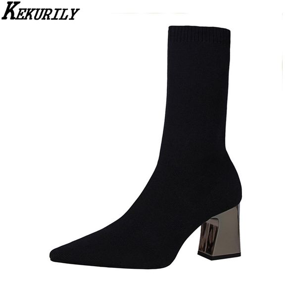 women knitting sock boots pointed toe slip on mid-calf boot metal square heels shoes fashion ladies booties zapatos de mujer, Black
women knitting sock boots pointed toe slip on mid-calf boot metal square heels shoes fashion ladies booties zapatos de mujer, Black