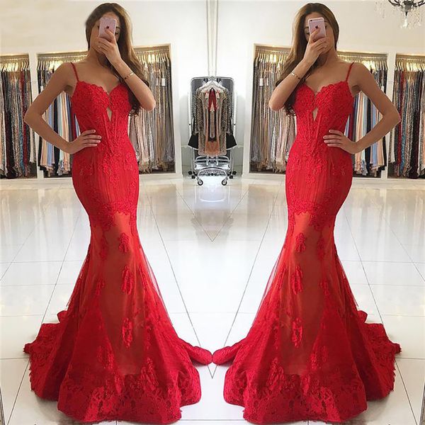 new sweetheart appliques lace prom dresses robe de soiree spaghetti straps mermaid red long evening dress, Black;red
new sweetheart appliques lace prom dresses robe de soiree spaghetti straps mermaid red long evening dress, Black;red