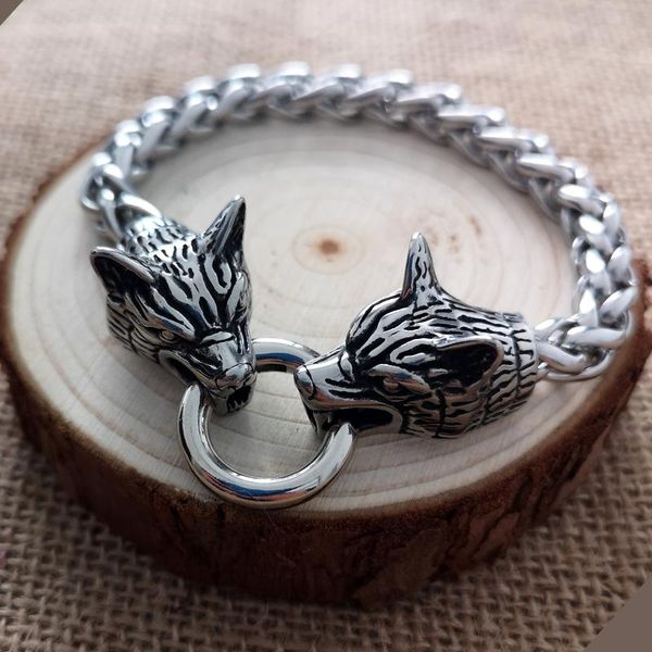 link, chain exquisite stainless steel viking double wolf head bracelet exaggerated titanium punk jewelry, Black
link, chain exquisite stainless steel viking double wolf head bracelet exaggerated titanium punk jewelry, Black