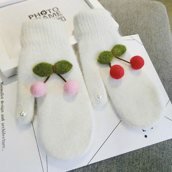 five fingers gloves korean cherry fur cute warm mittens autumn spring winter women knit, Blue;gray