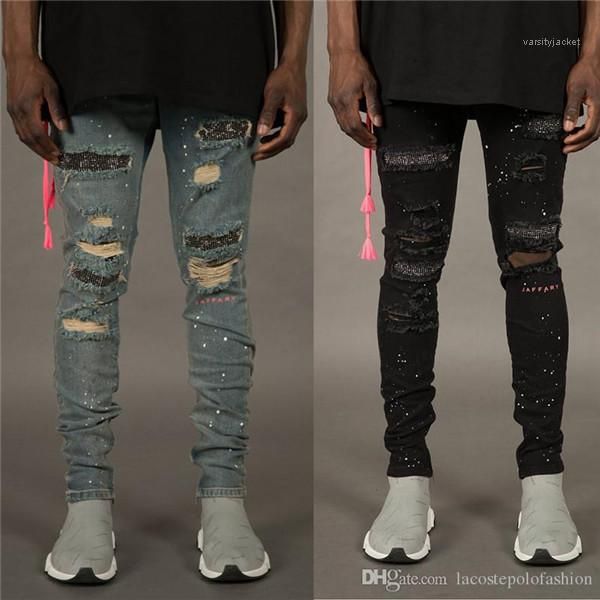 jeans fashion holes and rhinestone ornament pencil pants homme zipper fly light washed trousers male clothing 2020 men designer, Blue 
jeans fashion holes and rhinestone ornament pencil pants homme zipper fly light washed trousers male clothing 2020 men designer, Blue