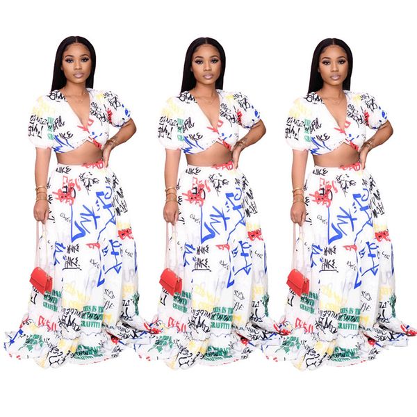 fashion ladies designer suits deep v neck letter printed long dress sets womens clothing 2 piece set, White
fashion ladies designer suits deep v neck letter printed long dress sets womens clothing 2 piece set, White