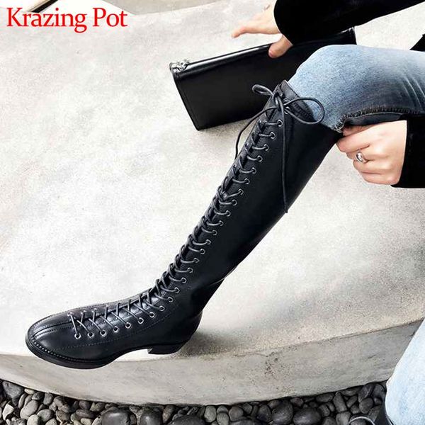 krazing pot round toe cow leather keep warm thick low heels modern european streetwear full lace up riding thigh high boots l37, Black
krazing pot round toe cow leather keep warm thick low heels modern european streetwear full lace up riding thigh high boots l37, Black