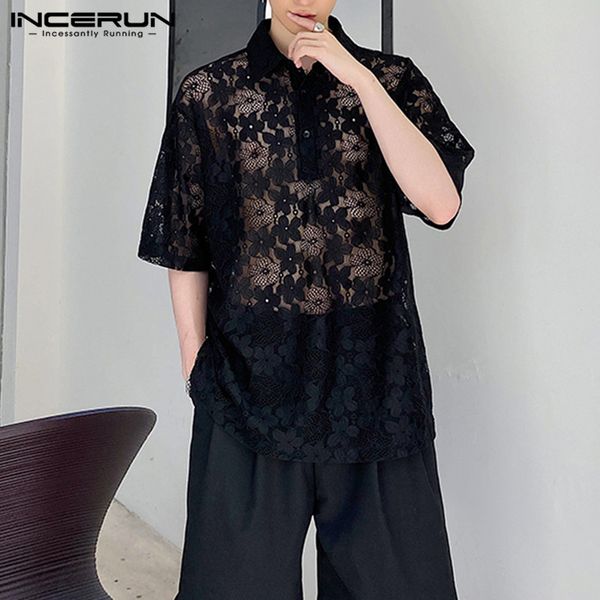 incerun fashion men shirt floral lace see through short sleeve lapel transparent party nightclub shirts chic camisas 2020, White;black
incerun fashion men shirt floral lace see through short sleeve lapel transparent party nightclub shirts chic camisas 2020, White;black