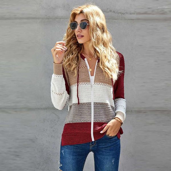 long sleeve hooded loose knits with zipper famale clothing women colorblock knitted cardigan hollow out, White
long sleeve hooded loose knits with zipper famale clothing women colorblock knitted cardigan hollow out, White