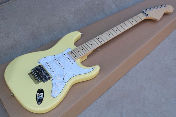 factory custom milk yellow electric guitar with double rock bridge,white pearl pickguard,24 frets,can be customized
factory custom milk yellow electric guitar with double rock bridge,white pearl pickguard,24 frets,can be customized