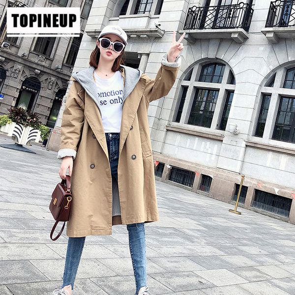 women's casual fashion pure color hooded double breasted mid-length large size trench coat, Tan;black
women's casual fashion pure color hooded double breasted mid-length large size trench coat, Tan;black