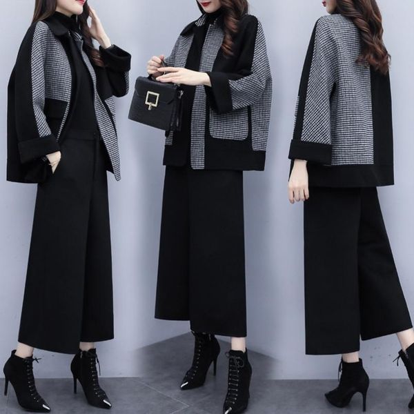 women's suits new autumn and winter woolen two-piece large size 3xl plaid jacket + wide leg pants fashion suit women x0923, Gray 
women's suits new autumn and winter woolen two-piece large size 3xl plaid jacket + wide leg pants fashion suit women x0923, Gray