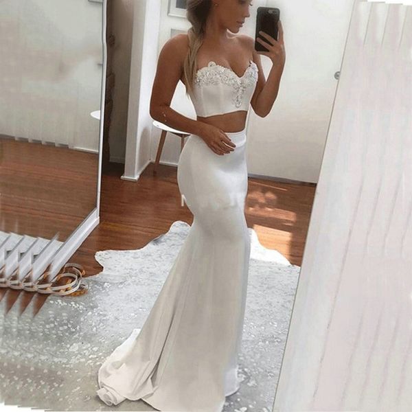 two pieces mermaid wedding dresses sweetheart appliques satin bridal gowns backless sweep train wedding gown custom made, White
two pieces mermaid wedding dresses sweetheart appliques satin bridal gowns backless sweep train wedding gown custom made, White