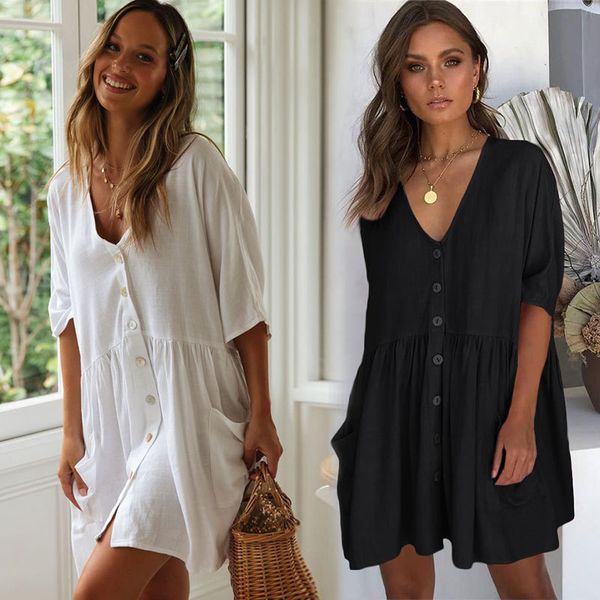 women's swimwear 2021 cotton v-neck beach wear cover ups women button bikini cover-ups pockets white dress tunic loose style, White;black
women's swimwear 2021 cotton v-neck beach wear cover ups women button bikini cover-ups pockets white dress tunic loose style, White;black