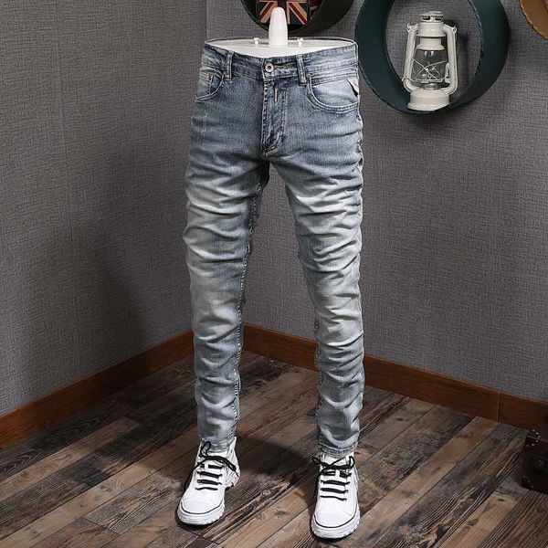 men's jeans italian style fashion men light blue slim fit elastic ripped denim pants streetwear vintage designer homme
men's jeans italian style fashion men light blue slim fit elastic ripped denim pants streetwear vintage designer homme