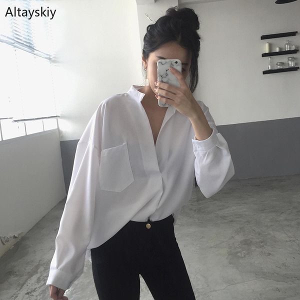 shirts women solid colour elegant loose all-match simple trendy korean style pockets womens v-neck leisure female, White
shirts women solid colour elegant loose all-match simple trendy korean style pockets womens v-neck leisure female, White