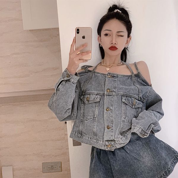women's jackets denim hanging neck bare word shoulder foreign style dark black jacket 2021 loose jeans, Black;brown
women's jackets denim hanging neck bare word shoulder foreign style dark black jacket 2021 loose jeans, Black;brown