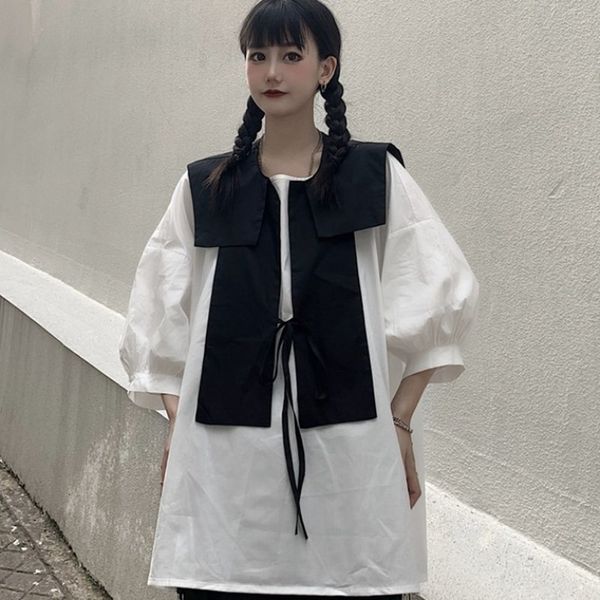 korean style vintage oversize cape shirt women harajuku short sleeve shirts fashion detachable blouse for girl's, White 
korean style vintage oversize cape shirt women harajuku short sleeve shirts fashion detachable blouse for girl's, White