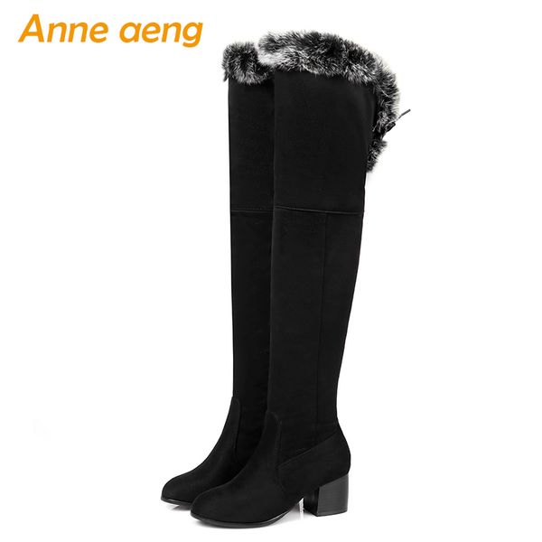 boots 2021 winter women knee-high high square heel round toe zipper fur solid fashion shoes black warm