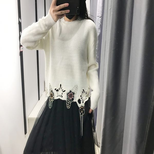 women's knitted sweater new style hem beautifully nailed diamond tassel pure color pullover fashion sweater, White;black
women's knitted sweater new style hem beautifully nailed diamond tassel pure color pullover fashion sweater, White;black