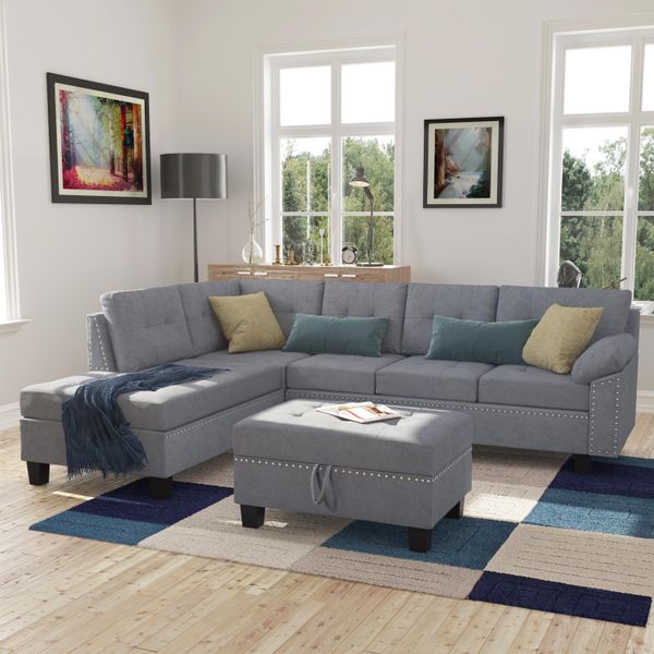 us stock, trexm sectional sofa set with chaise lounge and storage ottoman nail head detail grey home living room furniture st000004aae
us stock, trexm sectional sofa set with chaise lounge and storage ottoman nail head detail grey home living room furniture st000004aae