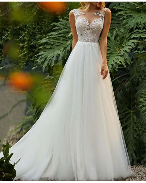 A-Line Wedding Dresses Jewel Neck Sweep / Brush Train Tulle Regular Straps Romantic Boho Backless with Lace Insert, White
A-Line Wedding Dresses Jewel Neck Sweep / Brush Train Tulle Regular Straps Romantic Boho Backless with Lace Insert, White