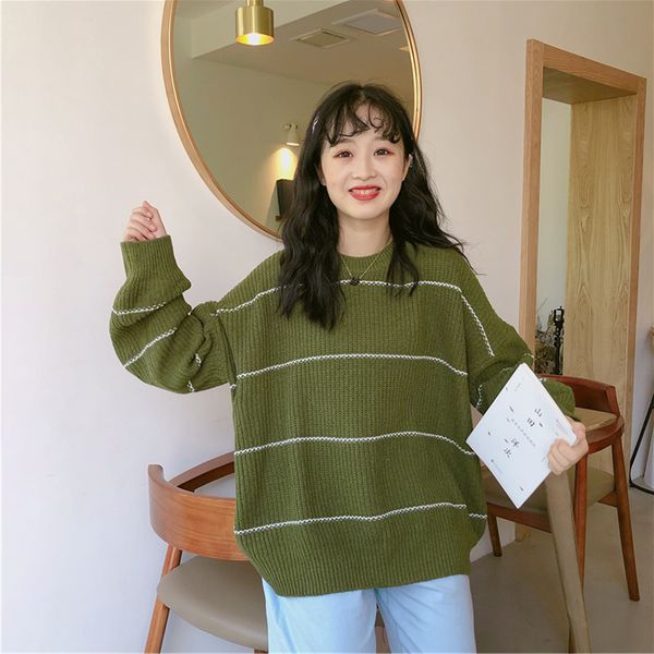women's sweaters autumn and winter korean striped knitted loose o-neck long sleeve sweater women, White;black
women's sweaters autumn and winter korean striped knitted loose o-neck long sleeve sweater women, White;black